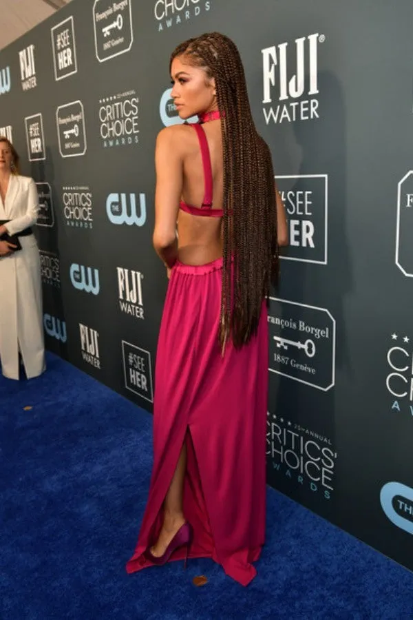 Pink Zendaya Coleman Crop Top Sleeves Two Piece Dress High Neck Prom Celebrity Formal Dress Critics' Choice Awards