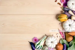 Pumpkins, Pears & Magnolia on Wooden Table