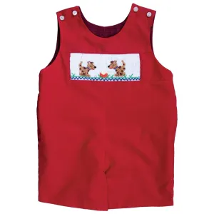 Puppy Dinner Time Smocked Red Reversible Romper