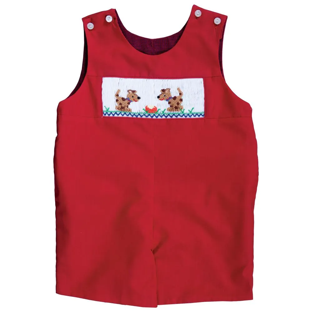 Puppy Dinner Time Smocked Red Reversible Romper