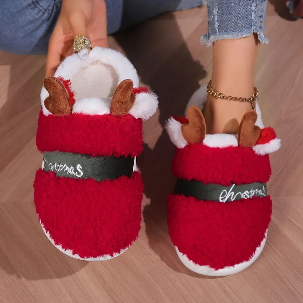 Quroko Slippers for Women Men Couple, Christmas Deer Slippers, Soft Non-Slip Slippers, Cute Fuzzy Cozy Warm Slippers, Winter Red Slippers