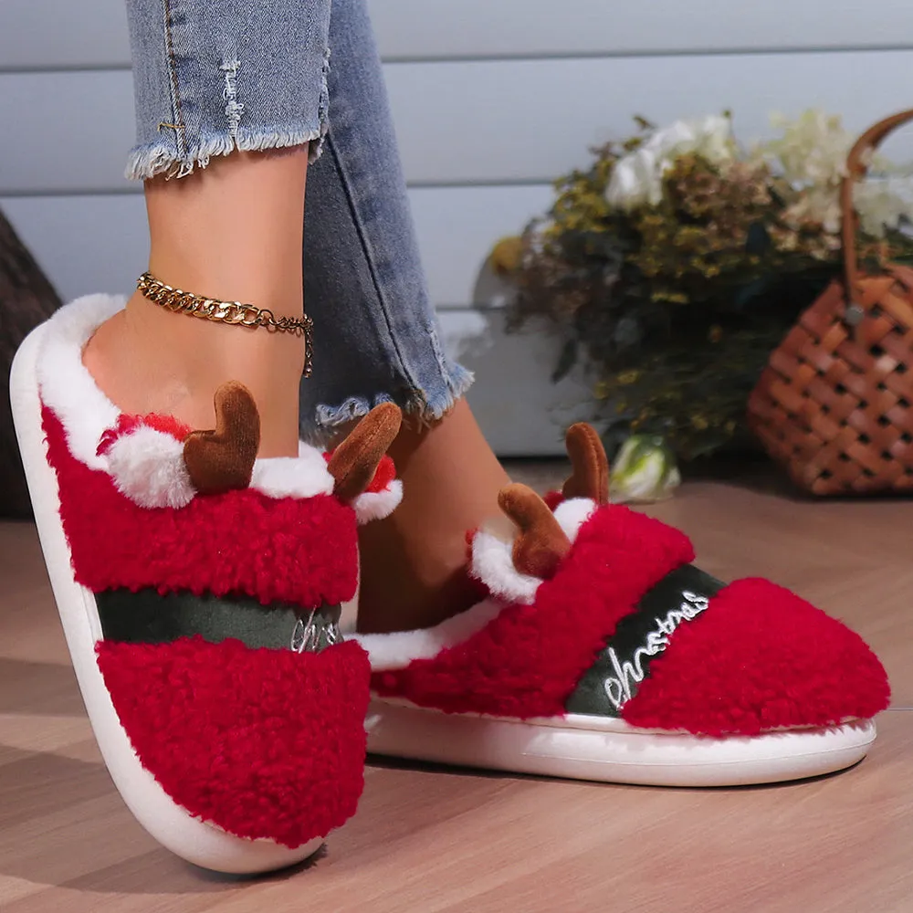 Quroko Slippers for Women Men Couple, Christmas Deer Slippers, Soft Non-Slip Slippers, Cute Fuzzy Cozy Warm Slippers, Winter Red Slippers