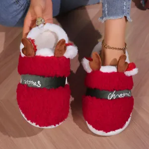 Quroko Slippers for Women Men Couple, Christmas Deer Slippers, Soft Non-Slip Slippers, Cute Fuzzy Cozy Warm Slippers, Winter Red Slippers