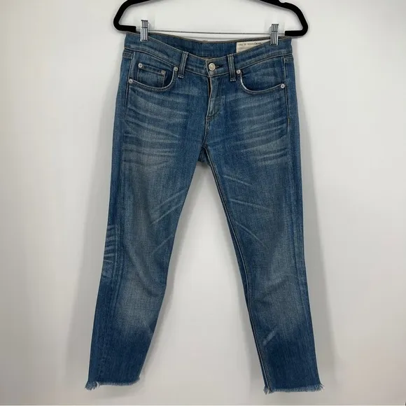 Rag &amp; Bone Jean the Dre Bradford Medium Blue Wash Raw Edge Frayed Denim Jeans