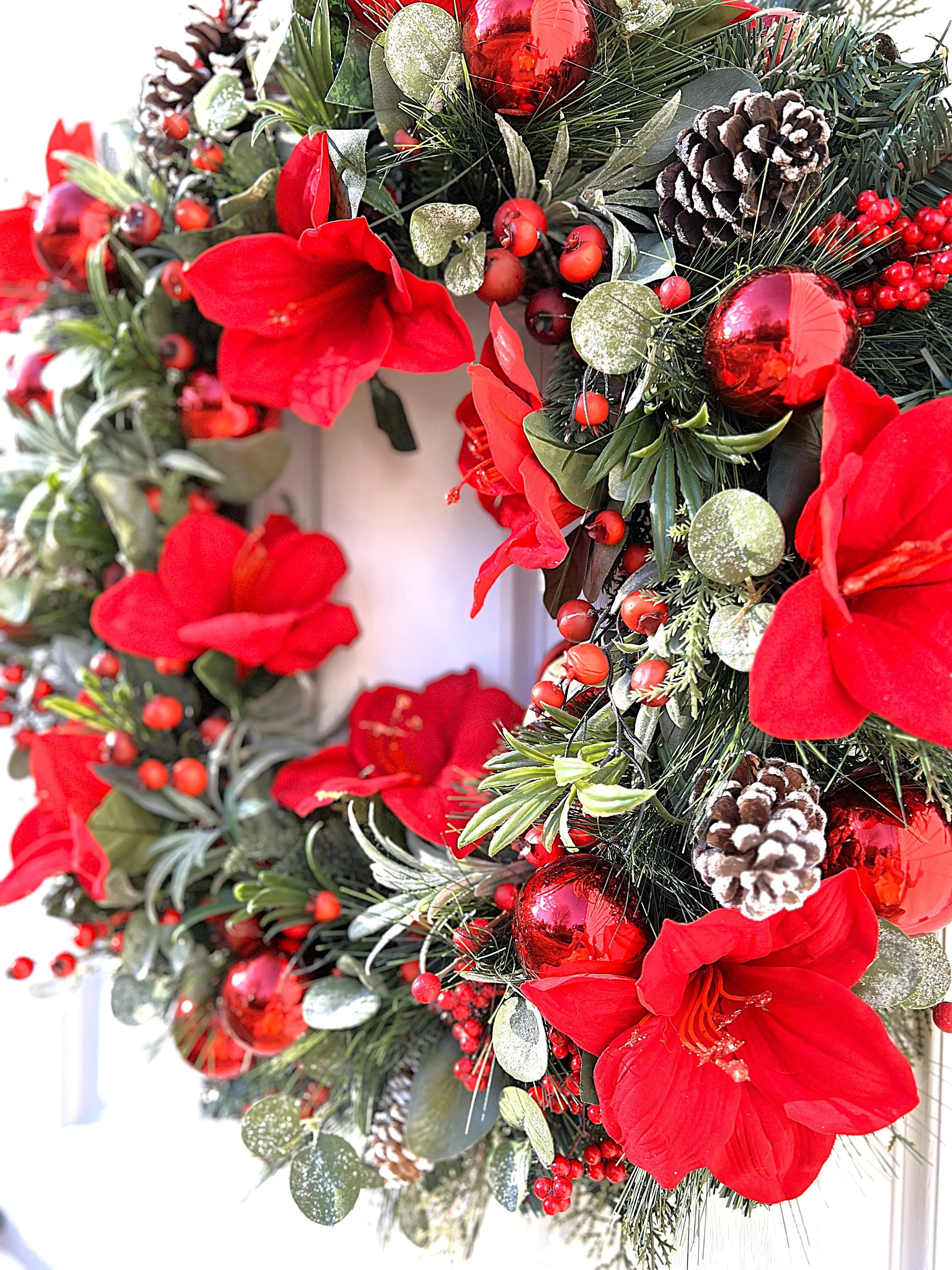 Red Amaryllis Christmas Wreath 30" Diameter