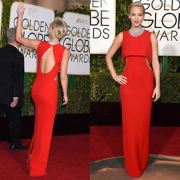 Red Jennifer Lawrence Cutout Open Back Dress Sequins Prom Red Carpet Formal Dress Golden Globe Awards