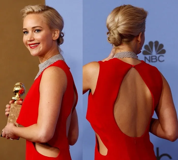 Red Jennifer Lawrence Cutout Open Back Dress Sequins Prom Red Carpet Formal Dress Golden Globe Awards