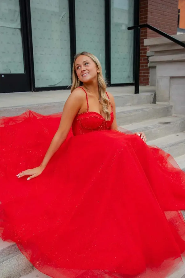 Red Straps Beaded A-Line Sparkly Prom Dress with Slit  PSK503