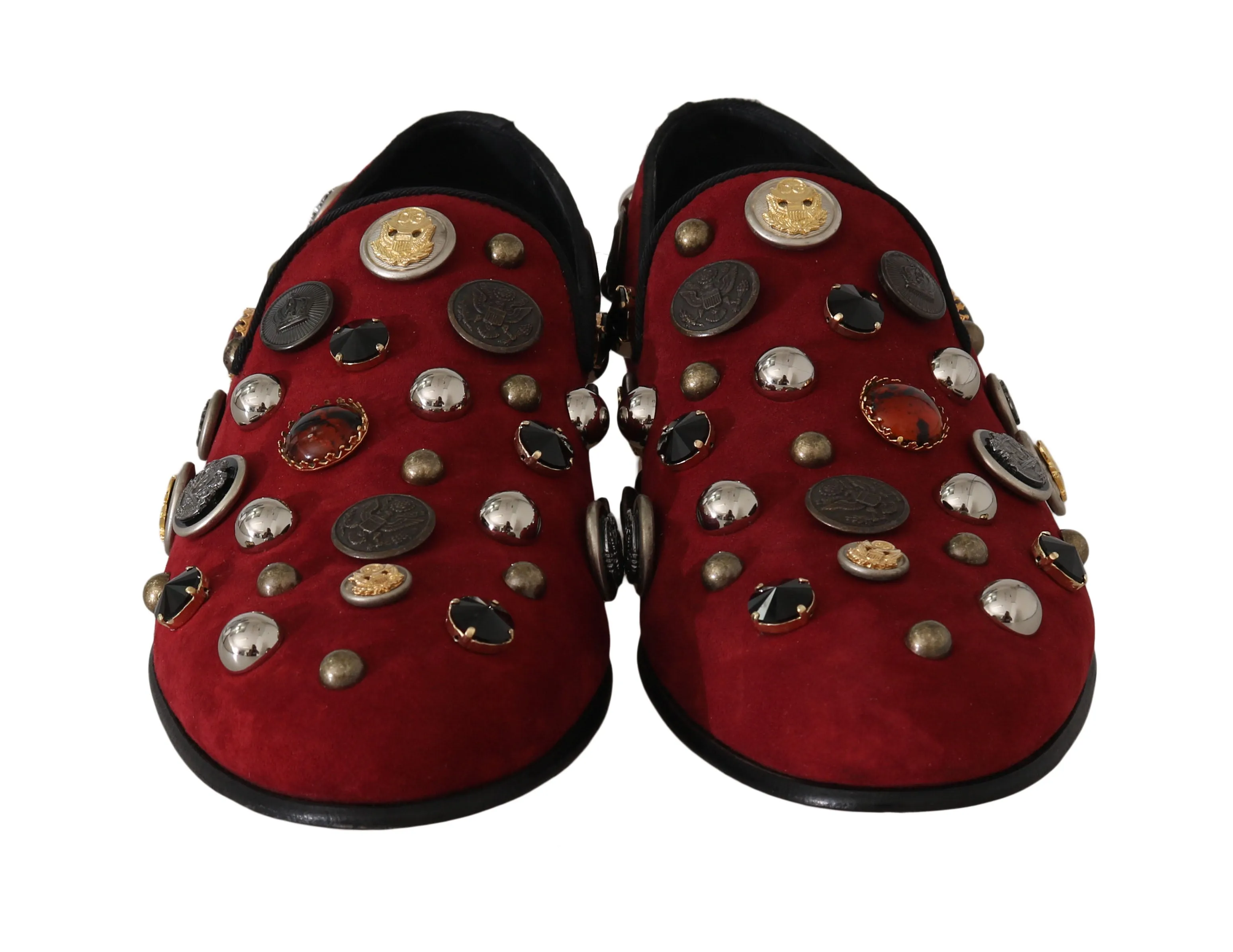 Red Suede Crystal Buttons Loafers