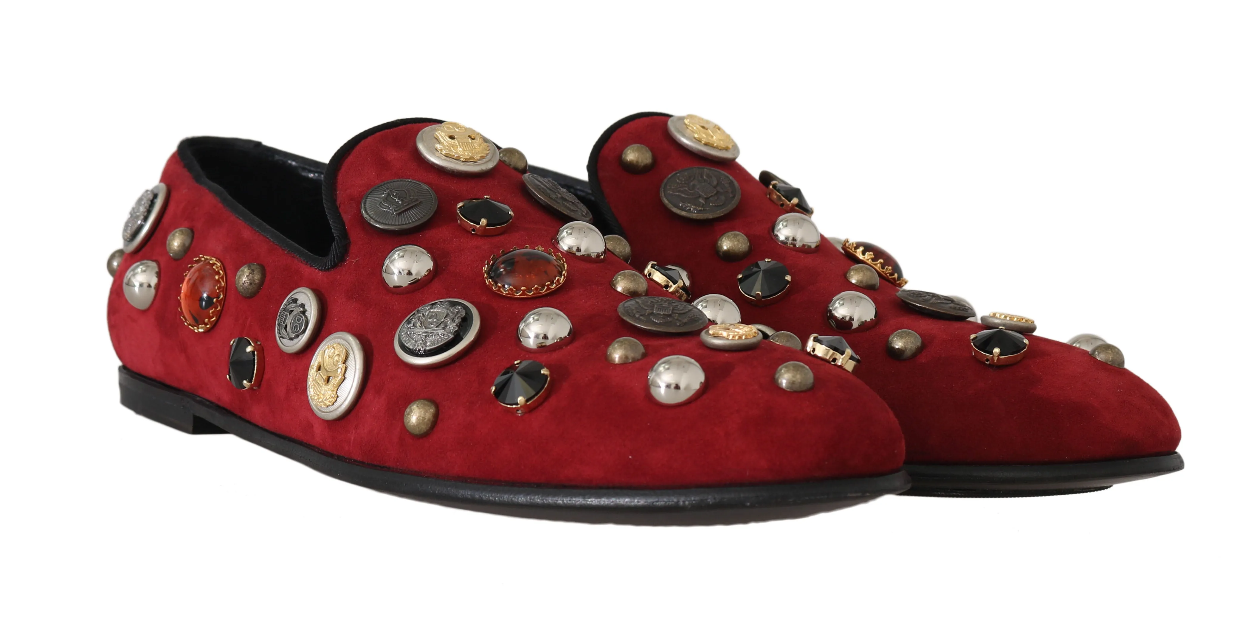 Red Suede Crystal Buttons Loafers