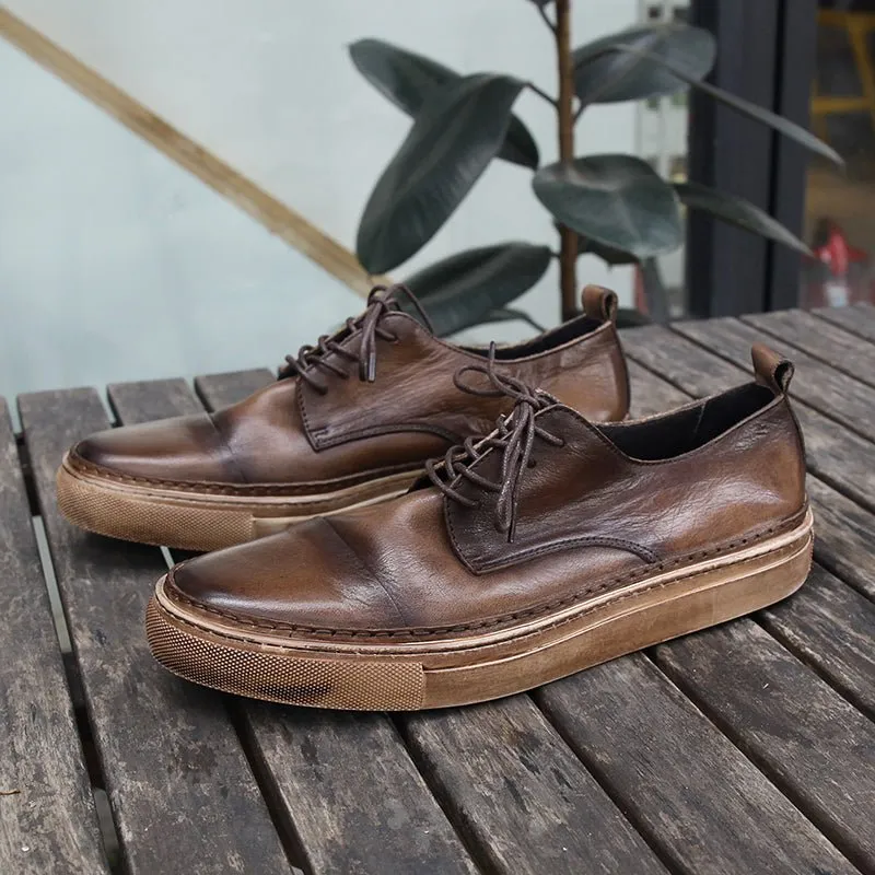 Retro trend sneakers genuine leather round toe handmade casual shoes