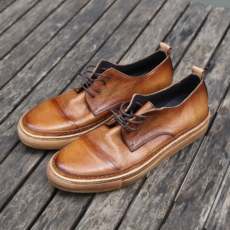 Retro trend sneakers genuine leather round toe handmade casual shoes