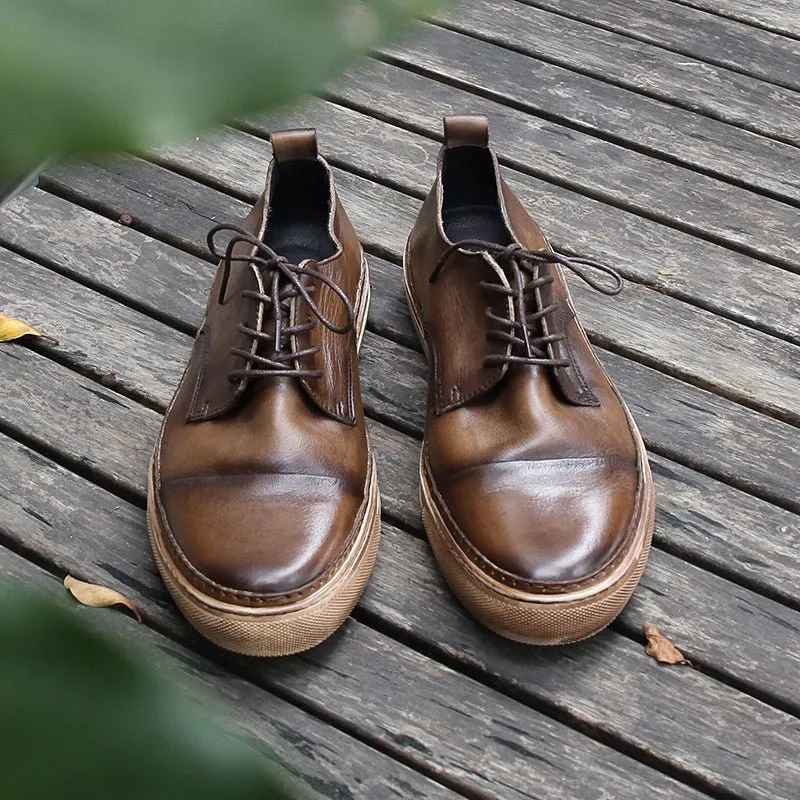 Retro trend sneakers genuine leather round toe handmade casual shoes