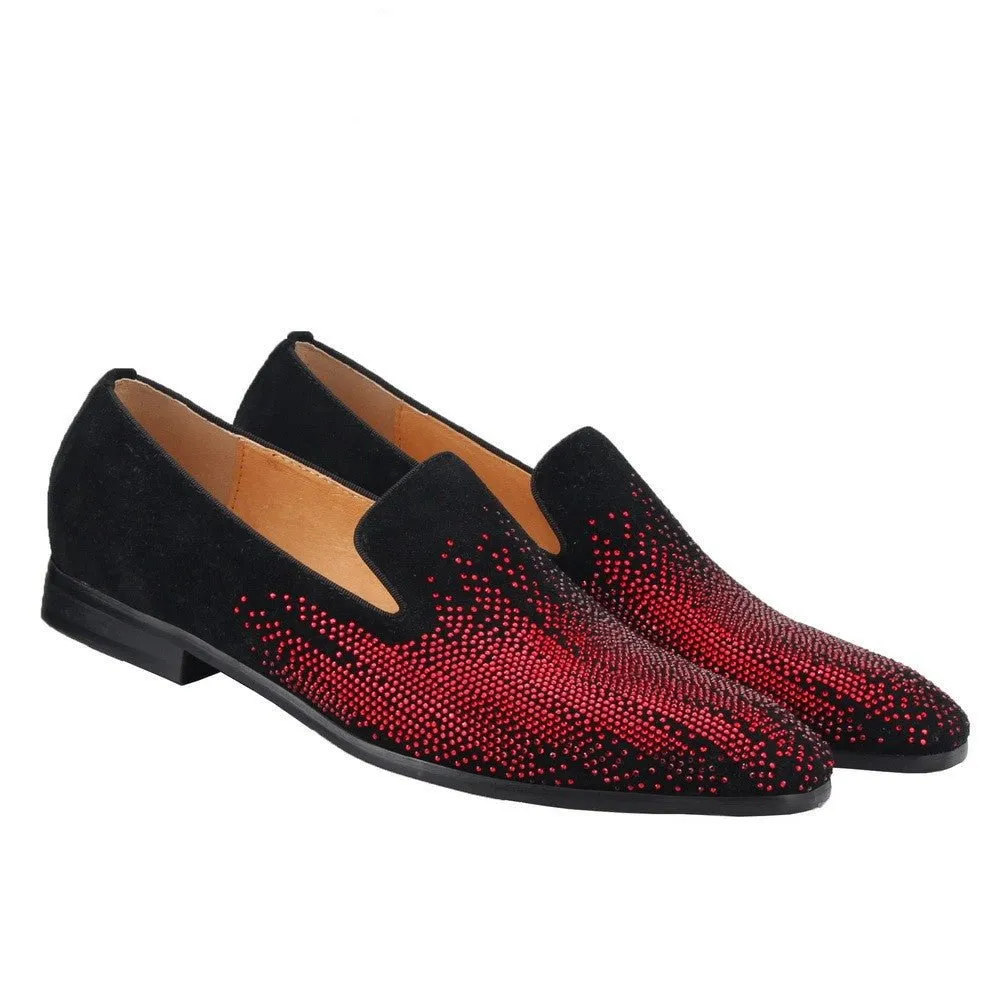 Rhinestone Men Red LoafersMoccasins Flats Dress Shoes