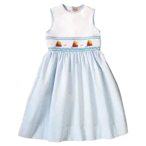 Sailboats Blue Striped Seersucker Smocked Sundress