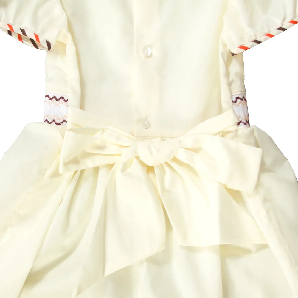 Sarah Lt. Yellow English Smocked Baby Dress with Striped Hem and Cap Sleeves