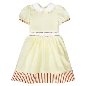 Sarah Lt. Yellow English Smocked Baby Dress with Striped Hem and Cap Sleeves