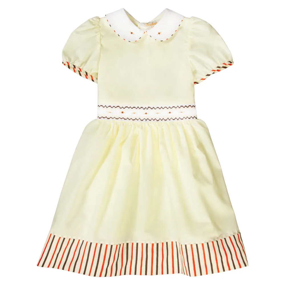 Sarah Lt. Yellow English Smocked Baby Dress with Striped Hem and Cap Sleeves