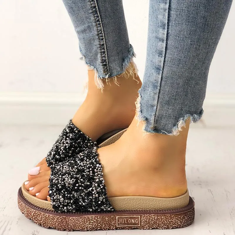 Shiny Sequins Embellished Open Toe Sandals