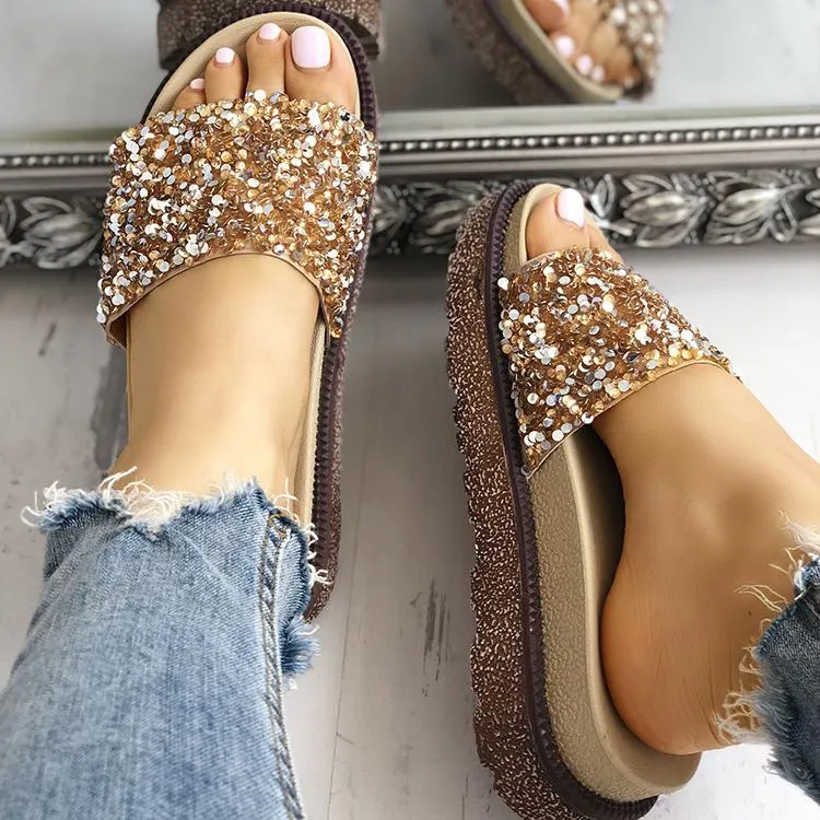 Shiny Sequins Embellished Open Toe Sandals