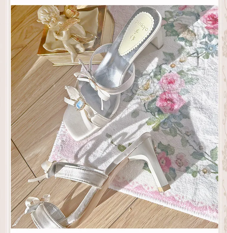 Silver Pink Bow Strap Sandals High Heels high heels Open-toe Flip-flops
