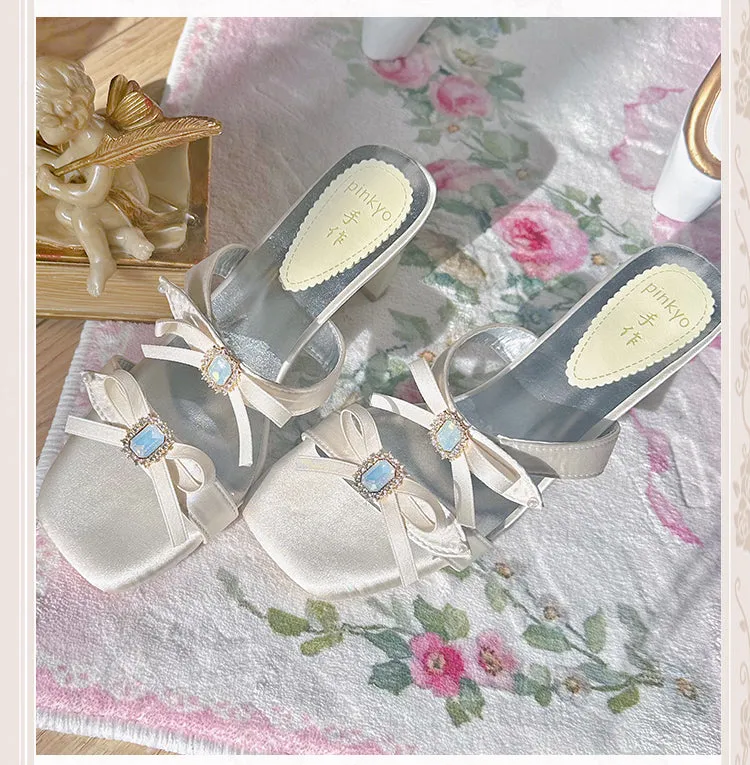 Silver Pink Bow Strap Sandals High Heels high heels Open-toe Flip-flops