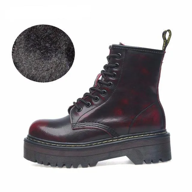 Size 35-42 Flat Platform Boots Women Shoes Autumn Winter Fur Fashion Round Toe Lace-up Leather Boots Ladies Shoes