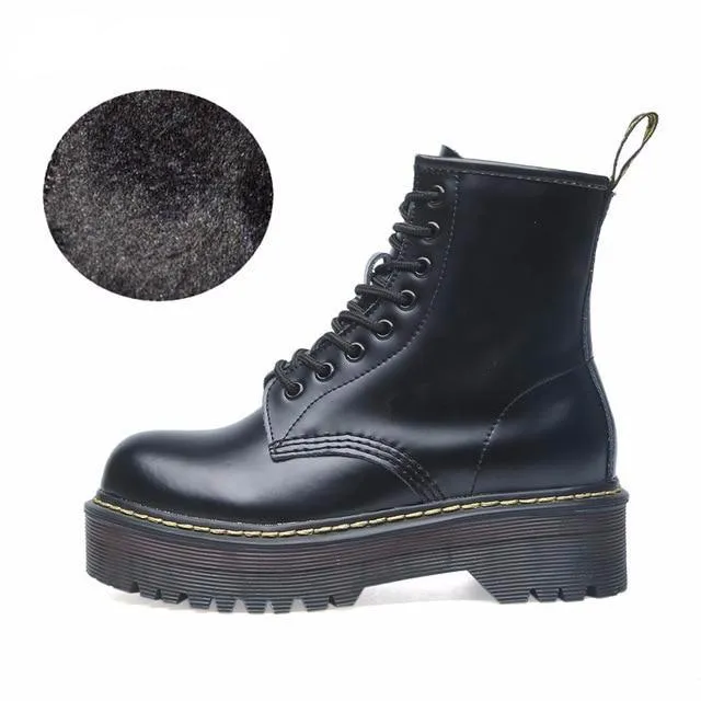 Size 35-42 Flat Platform Boots Women Shoes Autumn Winter Fur Fashion Round Toe Lace-up Leather Boots Ladies Shoes
