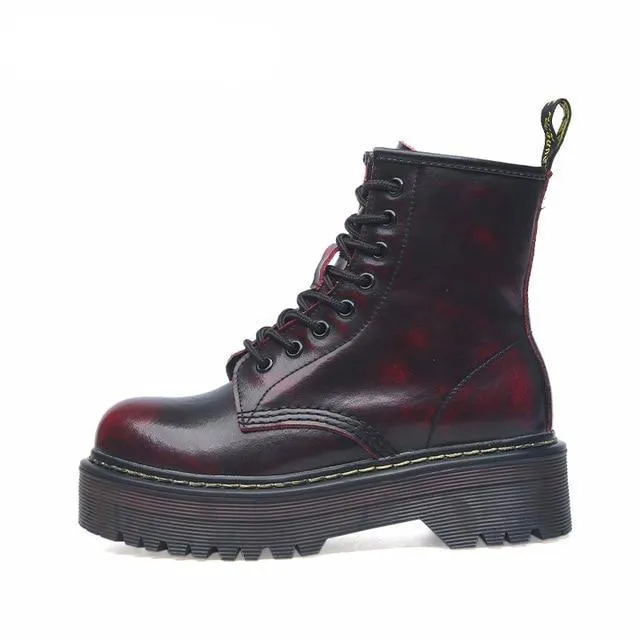 Size 35-42 Flat Platform Boots Women Shoes Autumn Winter Fur Fashion Round Toe Lace-up Leather Boots Ladies Shoes