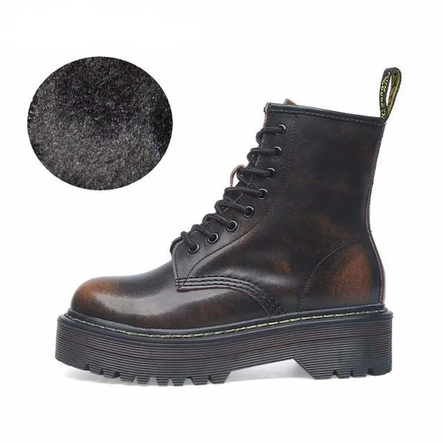 Size 35-42 Flat Platform Boots Women Shoes Autumn Winter Fur Fashion Round Toe Lace-up Leather Boots Ladies Shoes