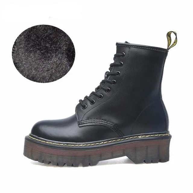Size 35-42 Flat Platform Boots Women Shoes Autumn Winter Fur Fashion Round Toe Lace-up Leather Boots Ladies Shoes