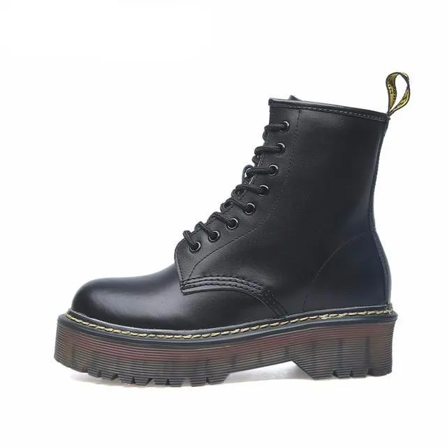 Size 35-42 Flat Platform Boots Women Shoes Autumn Winter Fur Fashion Round Toe Lace-up Leather Boots Ladies Shoes