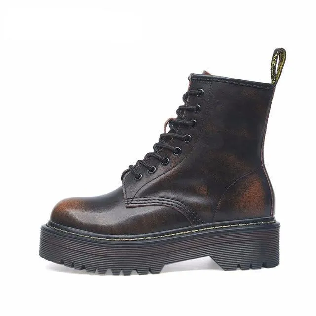 Size 35-42 Flat Platform Boots Women Shoes Autumn Winter Fur Fashion Round Toe Lace-up Leather Boots Ladies Shoes