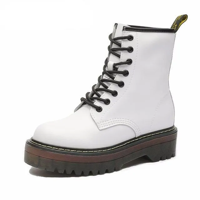 Size 35-42 Flat Platform Boots Women Shoes Autumn Winter Fur Fashion Round Toe Lace-up Leather Boots Ladies Shoes