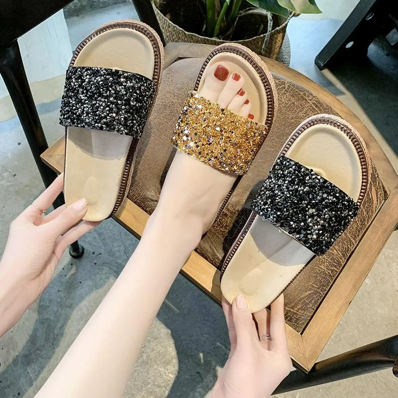Slippers Women’s Summer Fashion Outer Wear Sponge Cake Thick Bottom Flip Flops Sequins Sandals Flat Sandals Beach Shoes