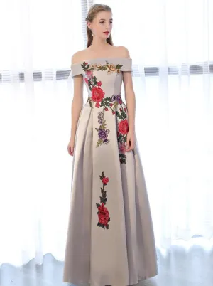 Sliver Grey Satin Off Shoulder Long Party Dress with Embroidery, A-line Prom Dress Graduation Dress