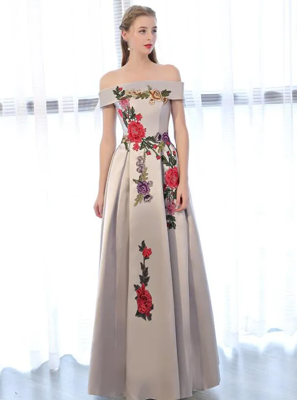 Sliver Grey Satin Off Shoulder Long Party Dress with Embroidery, A-line Prom Dress Graduation Dress