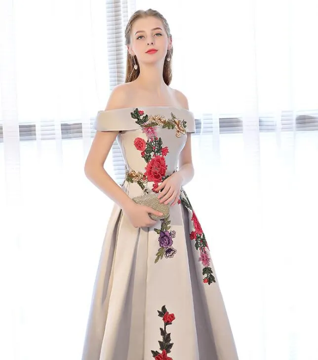 Sliver Grey Satin Off Shoulder Long Party Dress with Embroidery, A-line Prom Dress Graduation Dress