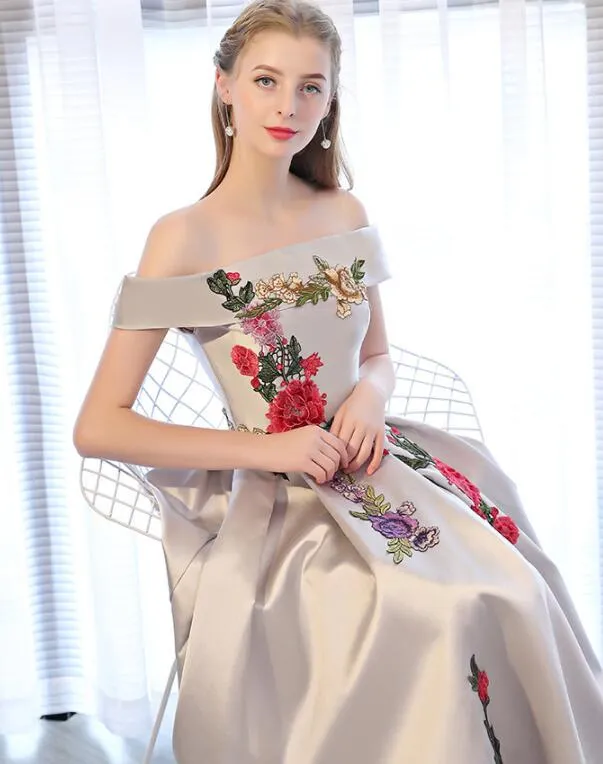 Sliver Grey Satin Off Shoulder Long Party Dress with Embroidery, A-line Prom Dress Graduation Dress