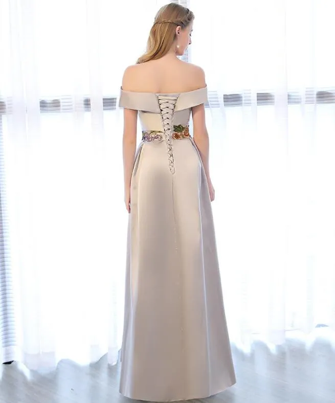 Sliver Grey Satin Off Shoulder Long Party Dress with Embroidery, A-line Prom Dress Graduation Dress