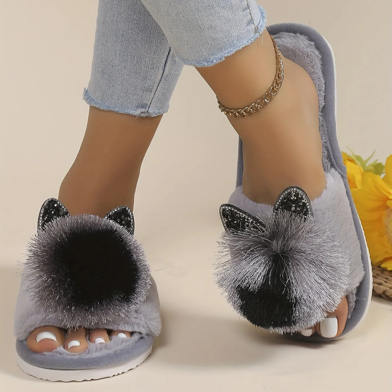 Sophie - Schattige Pom-pom Kattenhuis Slippers, Gezellige Open Teen Slippers
