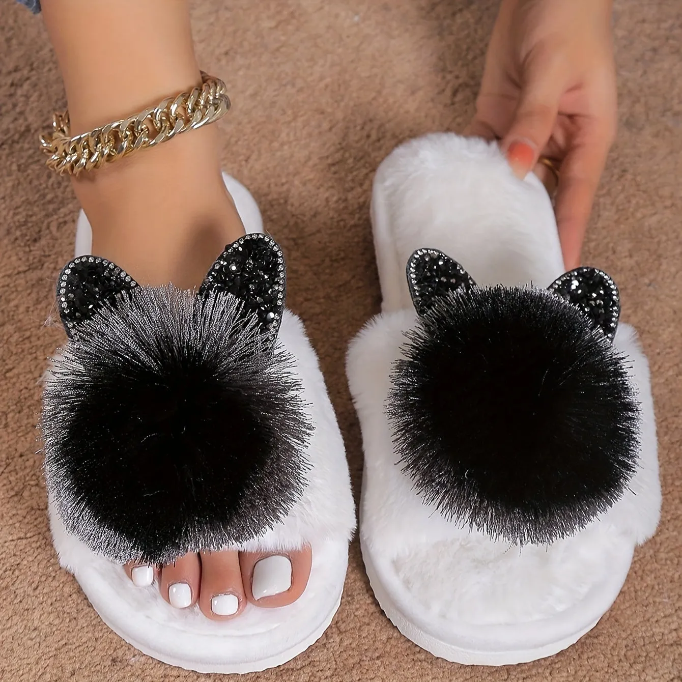 Sophie - Schattige Pom-pom Kattenhuis Slippers, Gezellige Open Teen Slippers