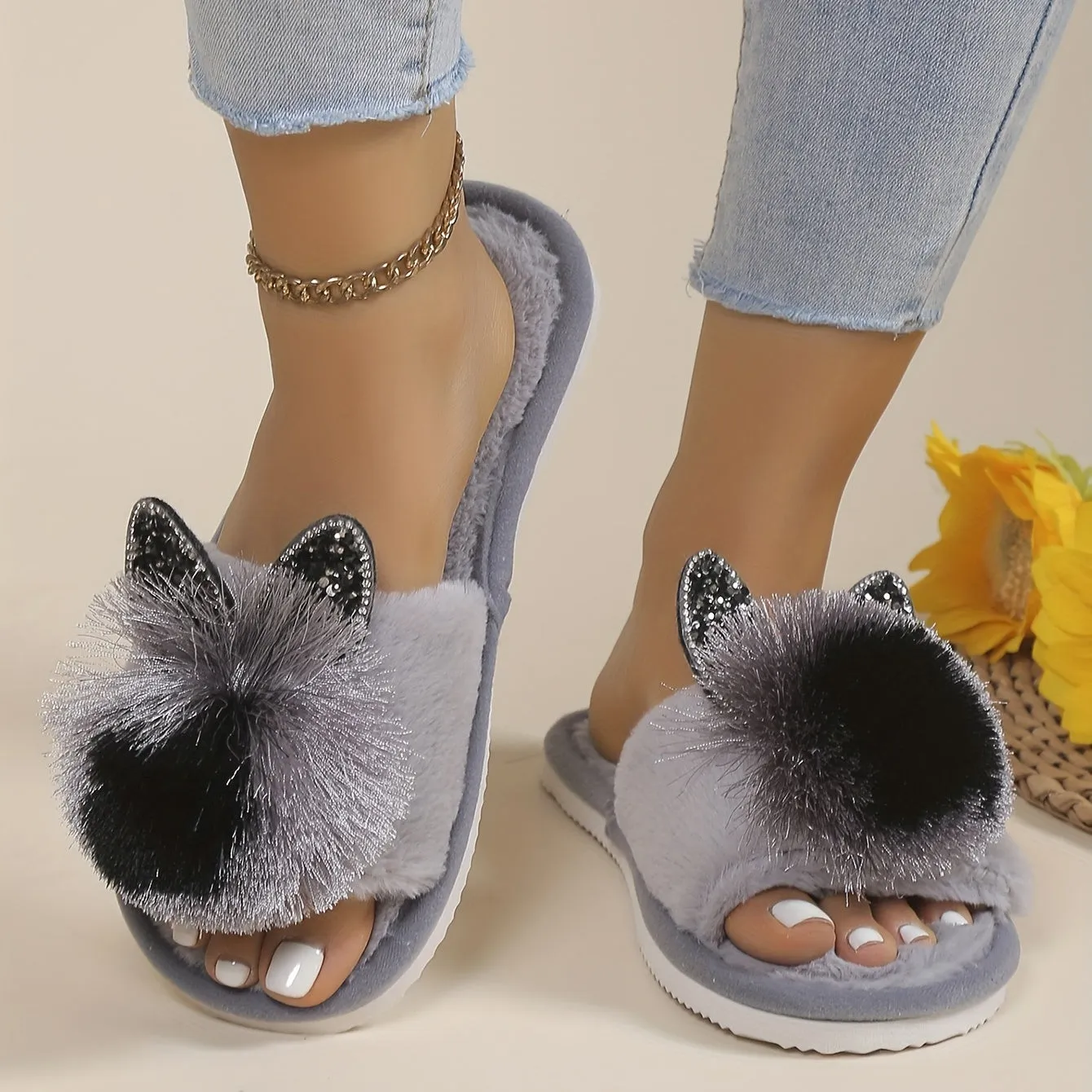Sophie - Schattige Pom-pom Kattenhuis Slippers, Gezellige Open Teen Slippers
