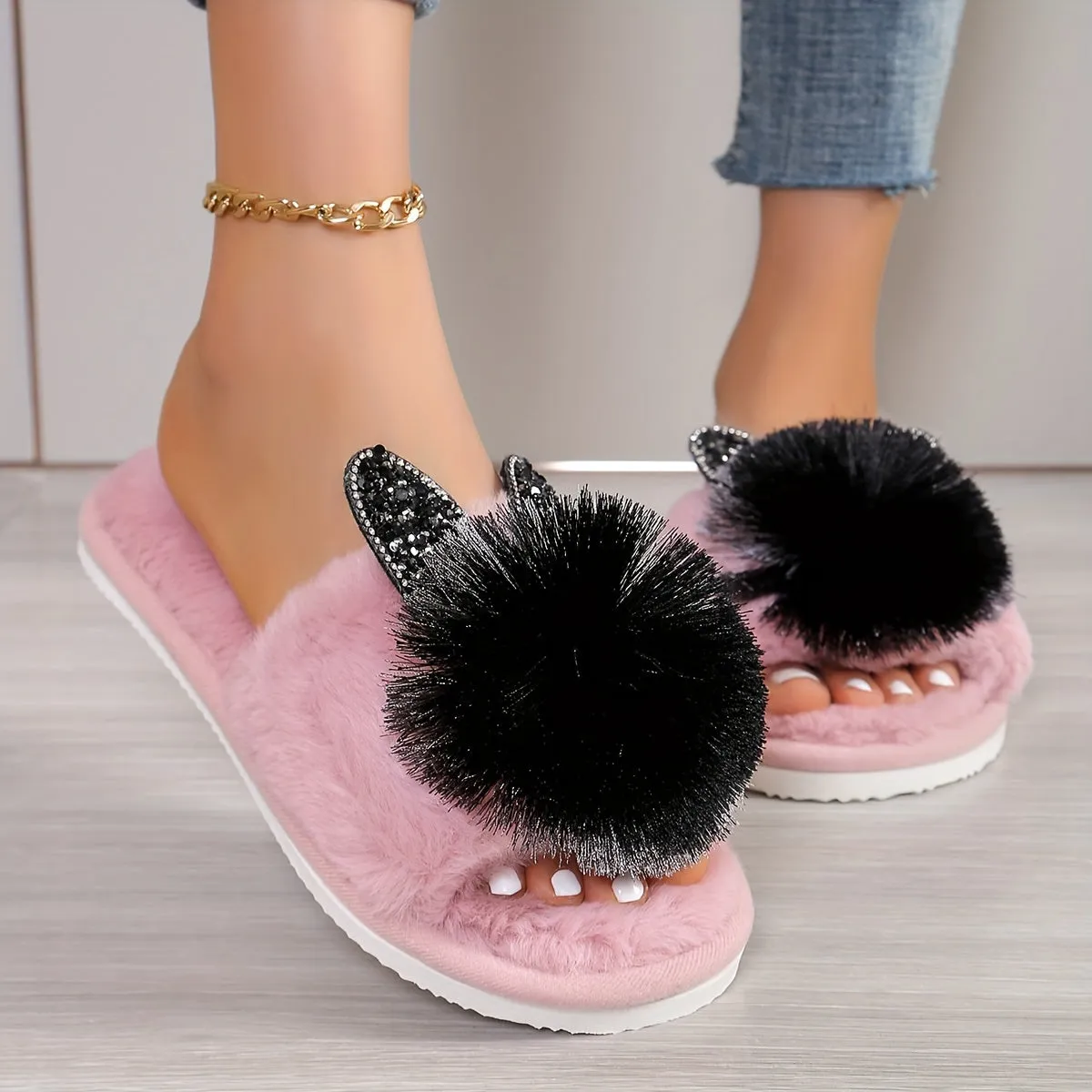 Sophie - Schattige Pom-pom Kattenhuis Slippers, Gezellige Open Teen Slippers