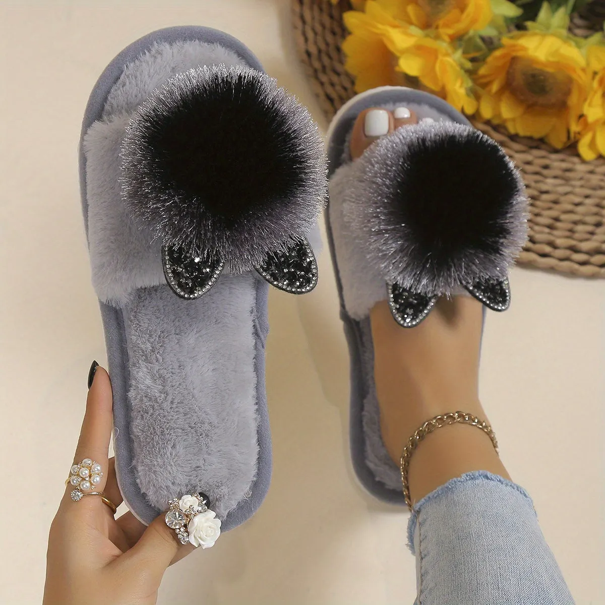 Sophie - Schattige Pom-pom Kattenhuis Slippers, Gezellige Open Teen Slippers