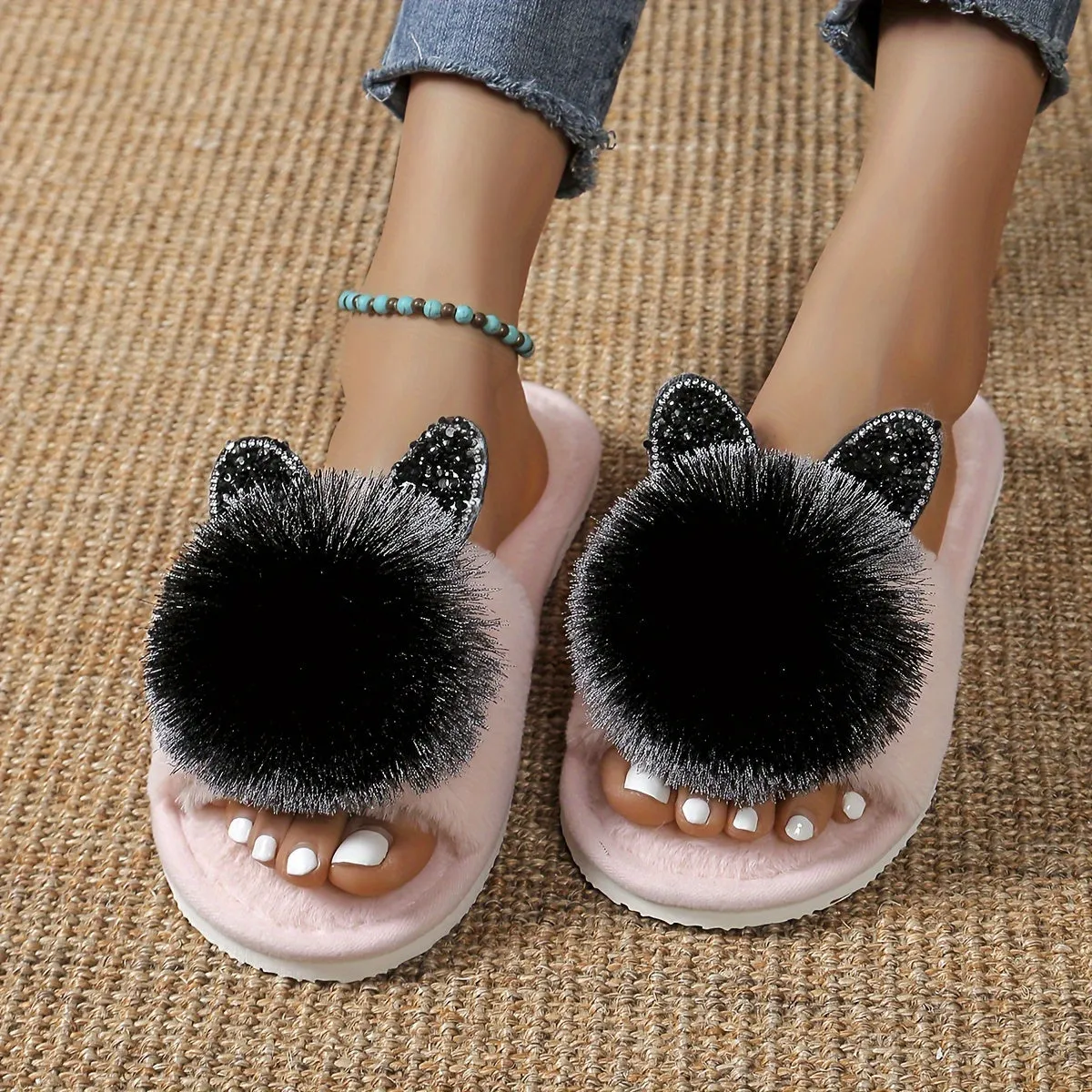 Sophie - Schattige Pom-pom Kattenhuis Slippers, Gezellige Open Teen Slippers