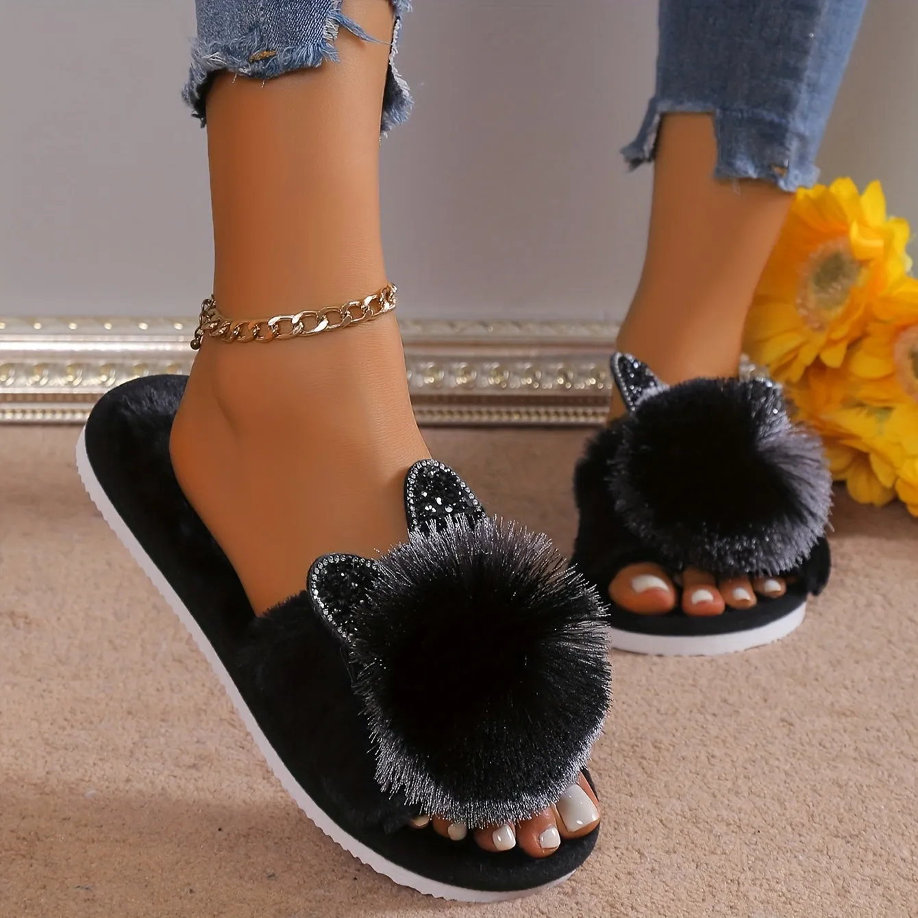 Sophie - Schattige Pom-pom Kattenhuis Slippers, Gezellige Open Teen Slippers