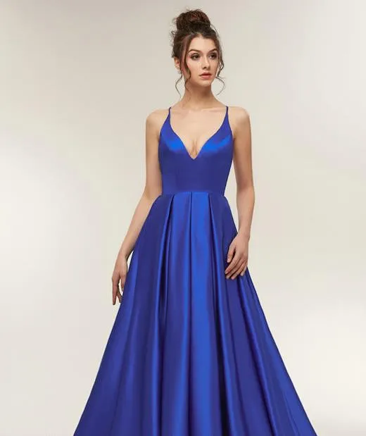 Spaghetti Strap Royal Blue Prom Dresses Satin Simple Party Dresses Open Back Evening Dresses