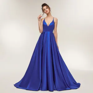 Spaghetti Strap Royal Blue Prom Dresses Satin Simple Party Dresses Open Back Evening Dresses