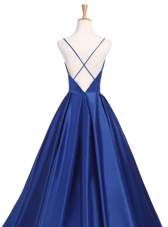 Spaghetti Strap Royal Blue Prom Dresses Satin Simple Party Dresses Open Back Evening Dresses